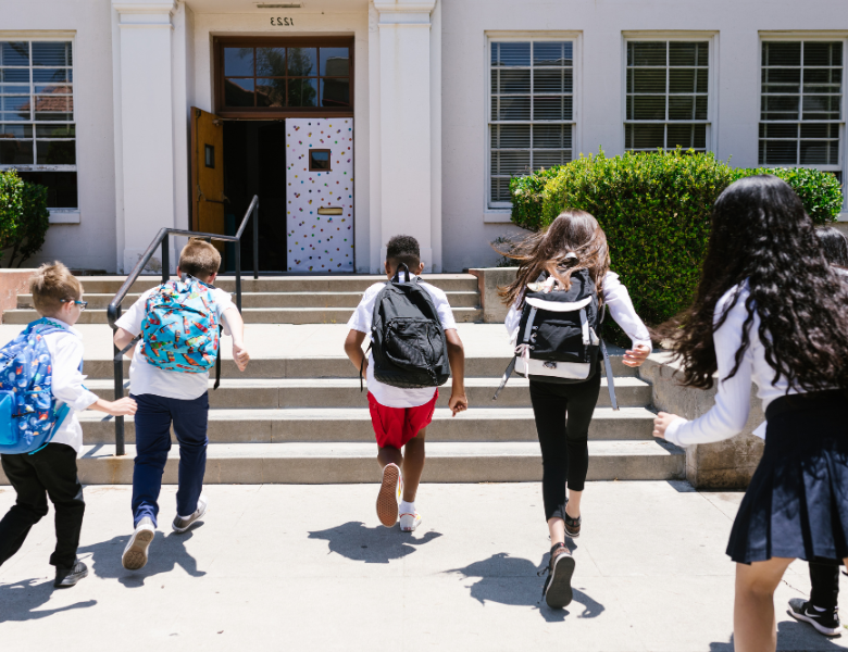 Students walking up steps to school